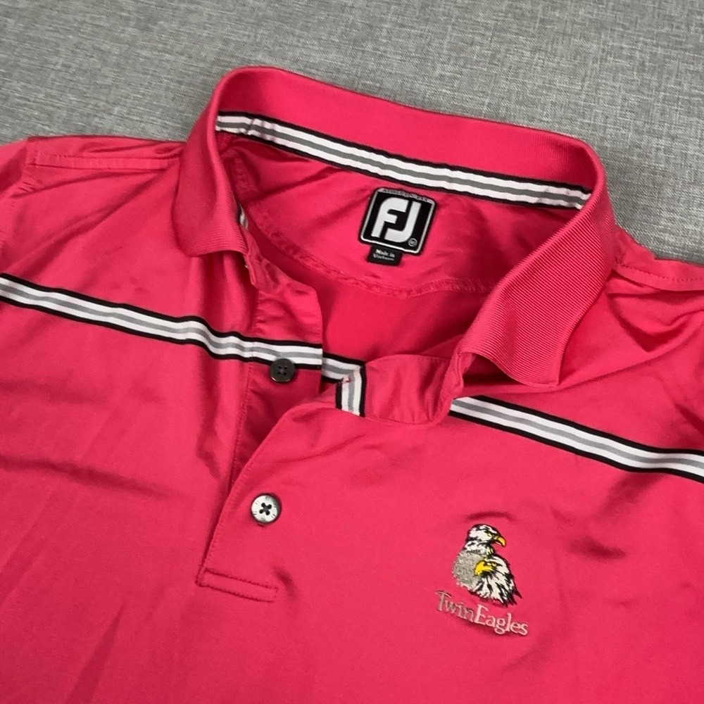 FootJoy Golf Polo Shirt Mens M Pink Striped TwinEagles Logo Stretch Short Sleeve